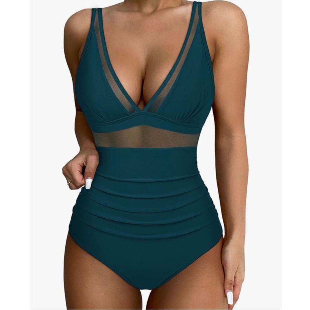 Sexy Mesh Tummy Control Swimsuit Push Up High Waisted Bathing Suit - XL